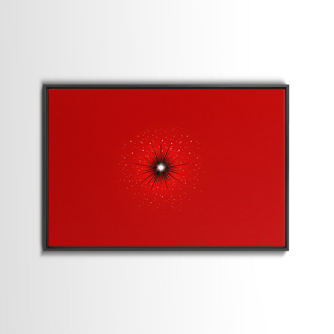 Minimal Red Starburst Wall Art, Modern Abstract Art Print, Retro Space Poster, Black White Spark Decor, Bold MCM Home Decor Gift