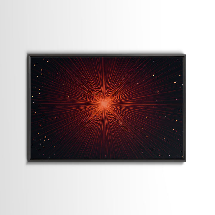 Radiant Red Starburst Light Rays In Black Space Canvas Print, Retro Futuristic Wall Decor, Modern Abstract Art For Living Room