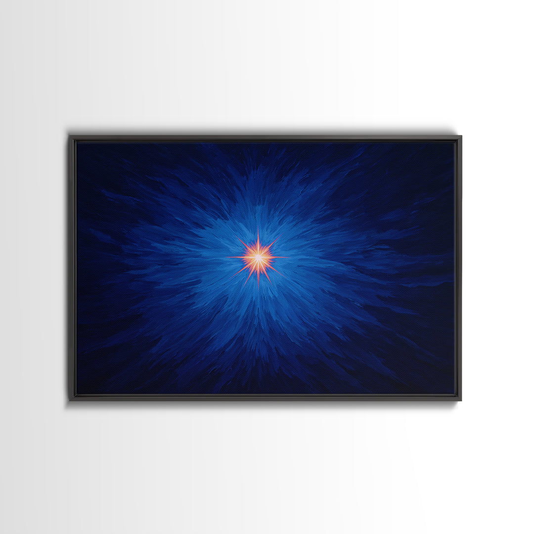 Electric Blue Cosmic Burst With Orange Star Center Canvas Print, Modern Abstract Art, Space Wall Decor For Bedroom And Office