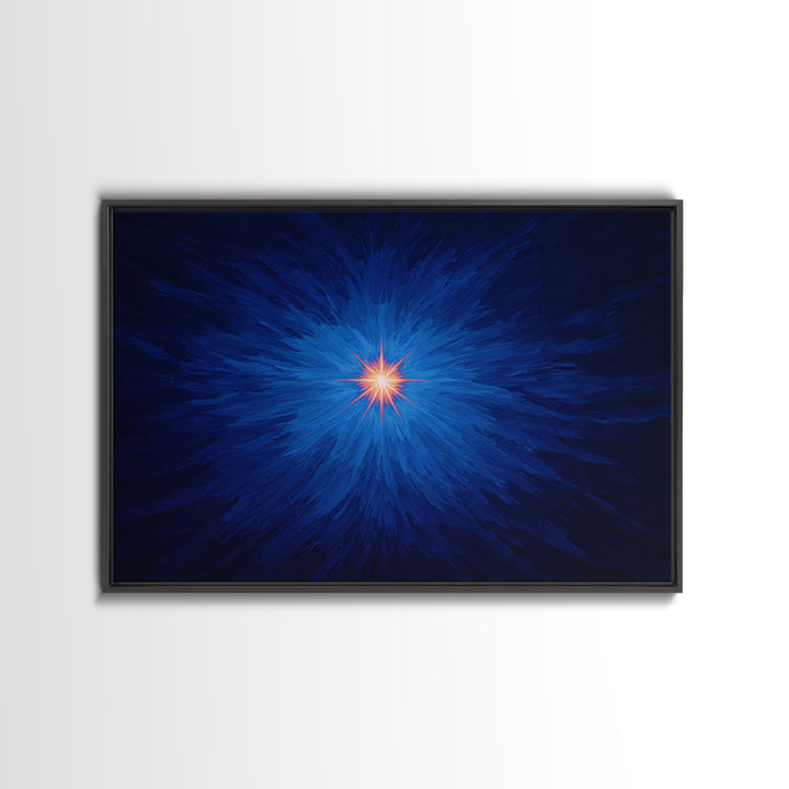 Electric Blue Cosmic Burst With Orange Star Center Canvas Print, Modern Abstract Art, Space Wall Decor For Bedroom And Office