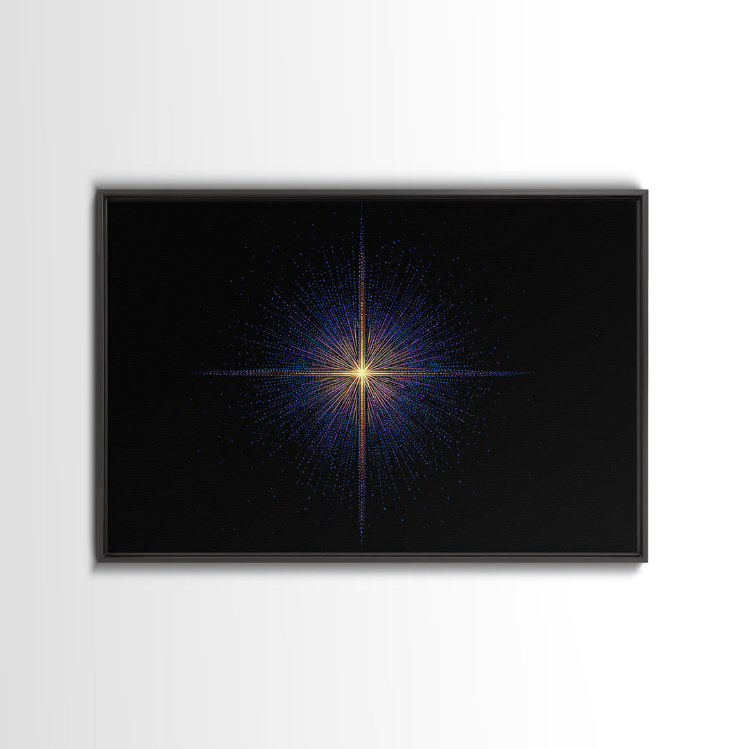 Neon Dotted Starburst On Black Space Wall Art, Retro Futuristic Digital Art Print, Modern Geometric Decor For Office And Studio