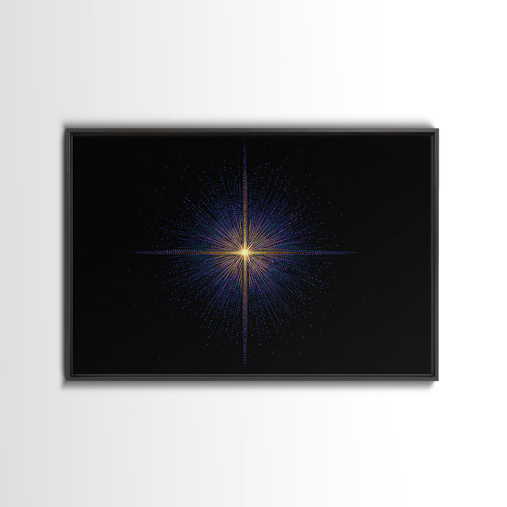 Neon Dotted Starburst On Black Space Wall Art, Retro Futuristic Digital Art Print, Modern Geometric Decor For Office And Studio