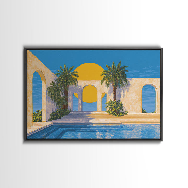 Tropical Palm Pool With Sunlit Arches Canvas Print, Palm Springs Wall Art, Midcentury Modern Decor For Beach House Patio