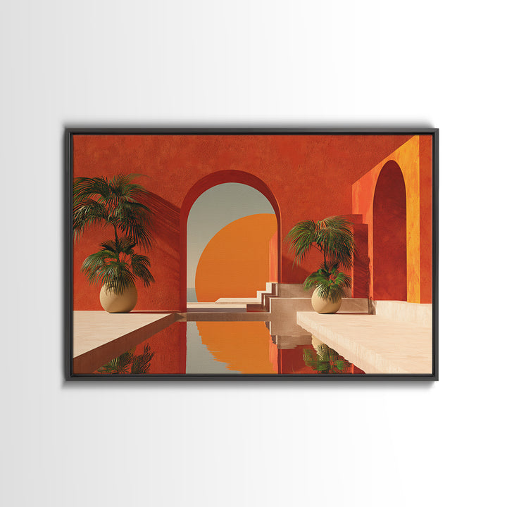 Terracotta Courtyard With Palms And Reflecting Pool Canvas Print, Modern Wall Art, Southwestern Decor For Living Room And Entry