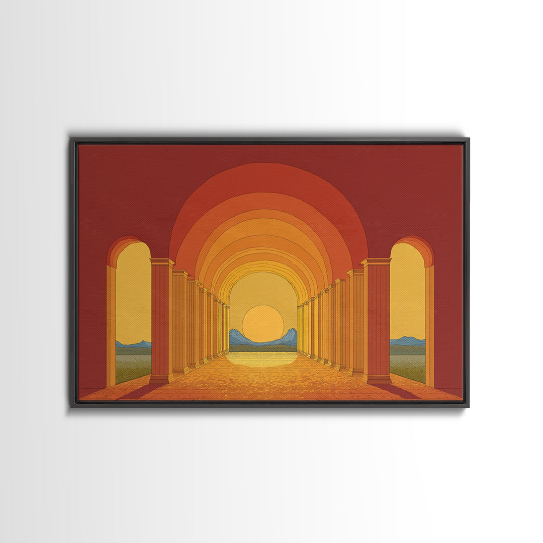 Sunset Arcade Colonnade In Orange Desert Wall Art, Midcentury Modern Architectural Print, Retro Home Decor For Hallway And Entryway