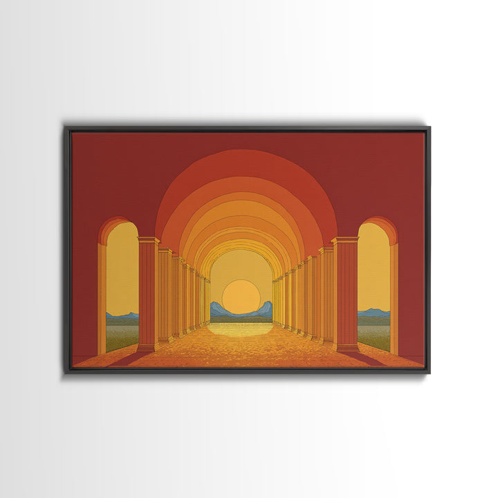 Sunset Arcade Colonnade In Orange Desert Wall Art, Midcentury Modern Architectural Print, Retro Home Decor For Hallway And Entryway