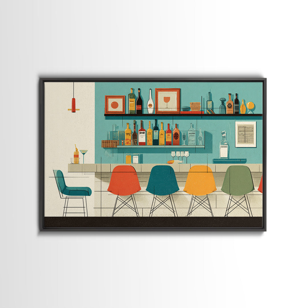 Minimal Cocktail Lounge With Color Chairs Wall Art, Midcentury Modern Art Print, Retro Bar Poster, MCM Kitchen Decor, Cafe Wall Art