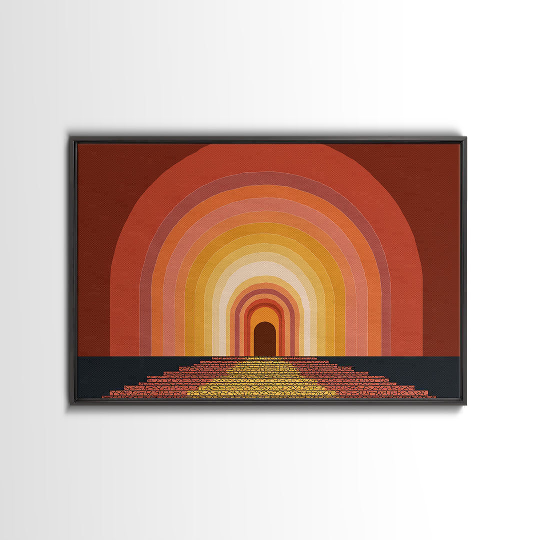 Rainbow Tunnel Arches With Stairway To Light Framed Canvas Print, Retro Wall Art, 70s Geometric Decor For Living Room And Office