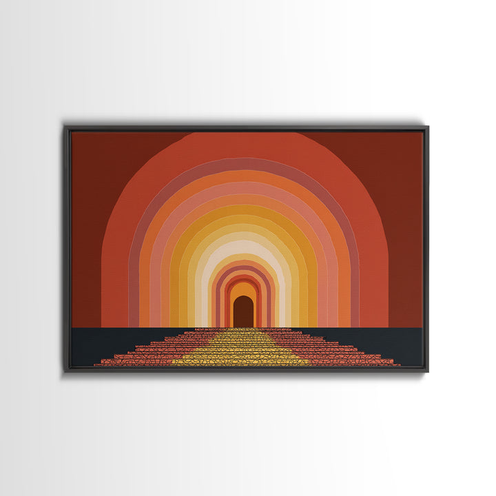 Rainbow Tunnel Arches With Stairway To Light Framed Canvas Print, Retro Wall Art, 70s Geometric Decor For Living Room And Office