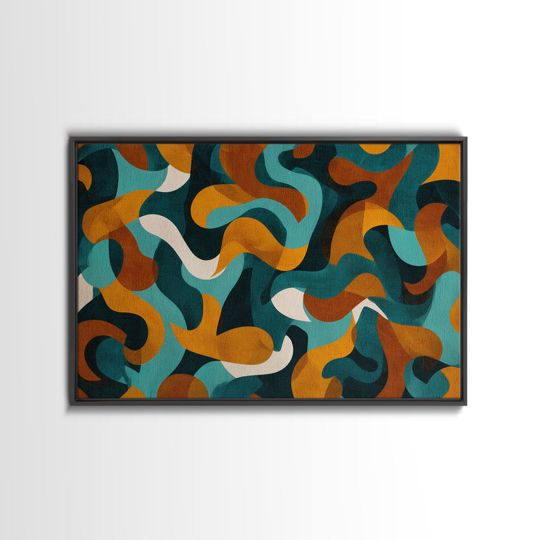 Teal Mustard Rust Organic Shapes Canvas Print, Midcentury Modern Abstract Art, Retro Wall Decor, Funky Living Room Poster