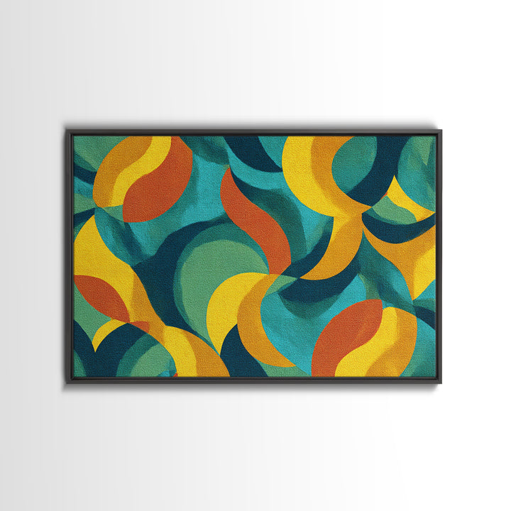 Teal Yellow Rust Crescent Shapes Framed Canvas Print, Midcentury Modern Art, Retro Geometric Wall Decor, Colorful Home Poster