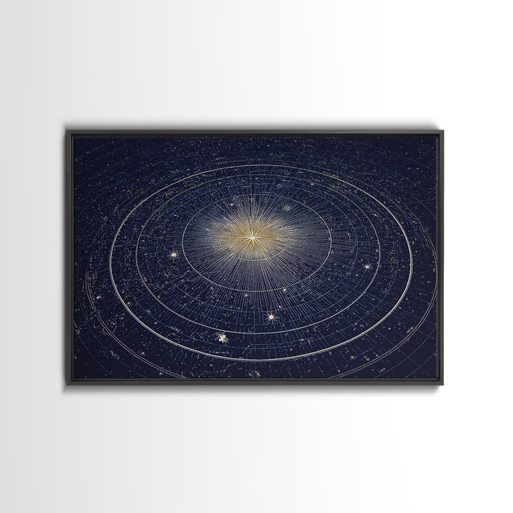 Navy Gold Celestial Compass Framed Canvas Print, Star Map Wall Art, Modern Cosmic Decor, Astronomy Home Office Poster Gift