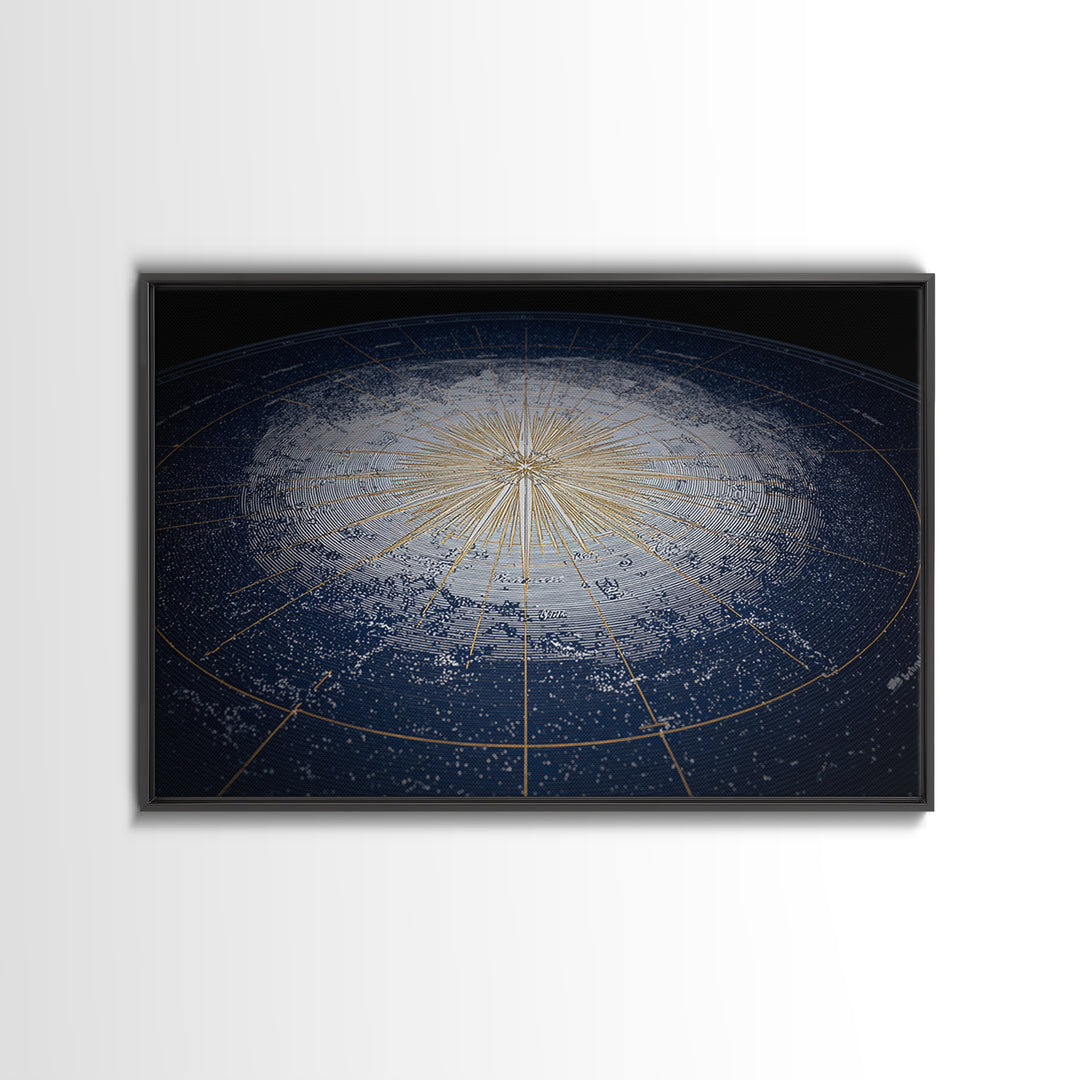 Blue Gold Radiant Star Map Canvas Print, Celestial Compass Wall Art, Modern Cosmic Decor, Astronomy Living Room Poster Gift