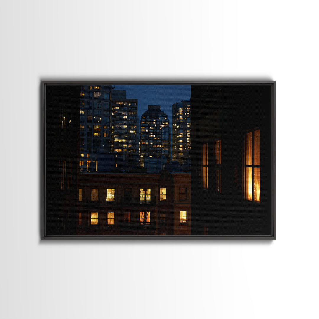 Warm Lit City Windows Wall Art, Urban Night Photography Print, Modern Home Decor, Apartment Decor, Living Room Art, Blue Art