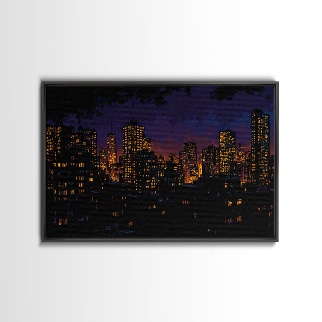 Purple City Skyline At Dusk Canvas Print, Urban Night Poster, Modern Wall Art, Retro Decor, Living Room Decor, Blue Art, Wall Decor