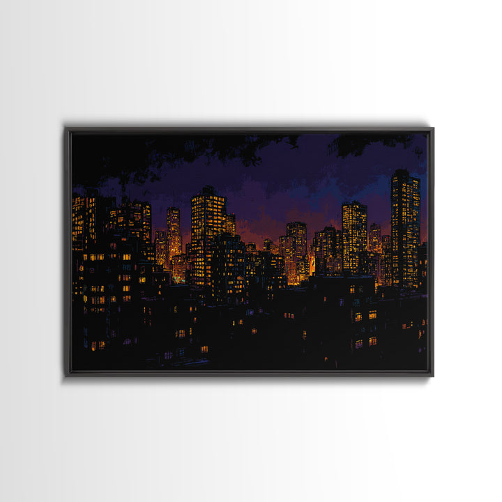 Purple City Skyline At Dusk Canvas Print, Urban Night Poster, Modern Wall Art, Retro Decor, Living Room Decor, Blue Art, Wall Decor