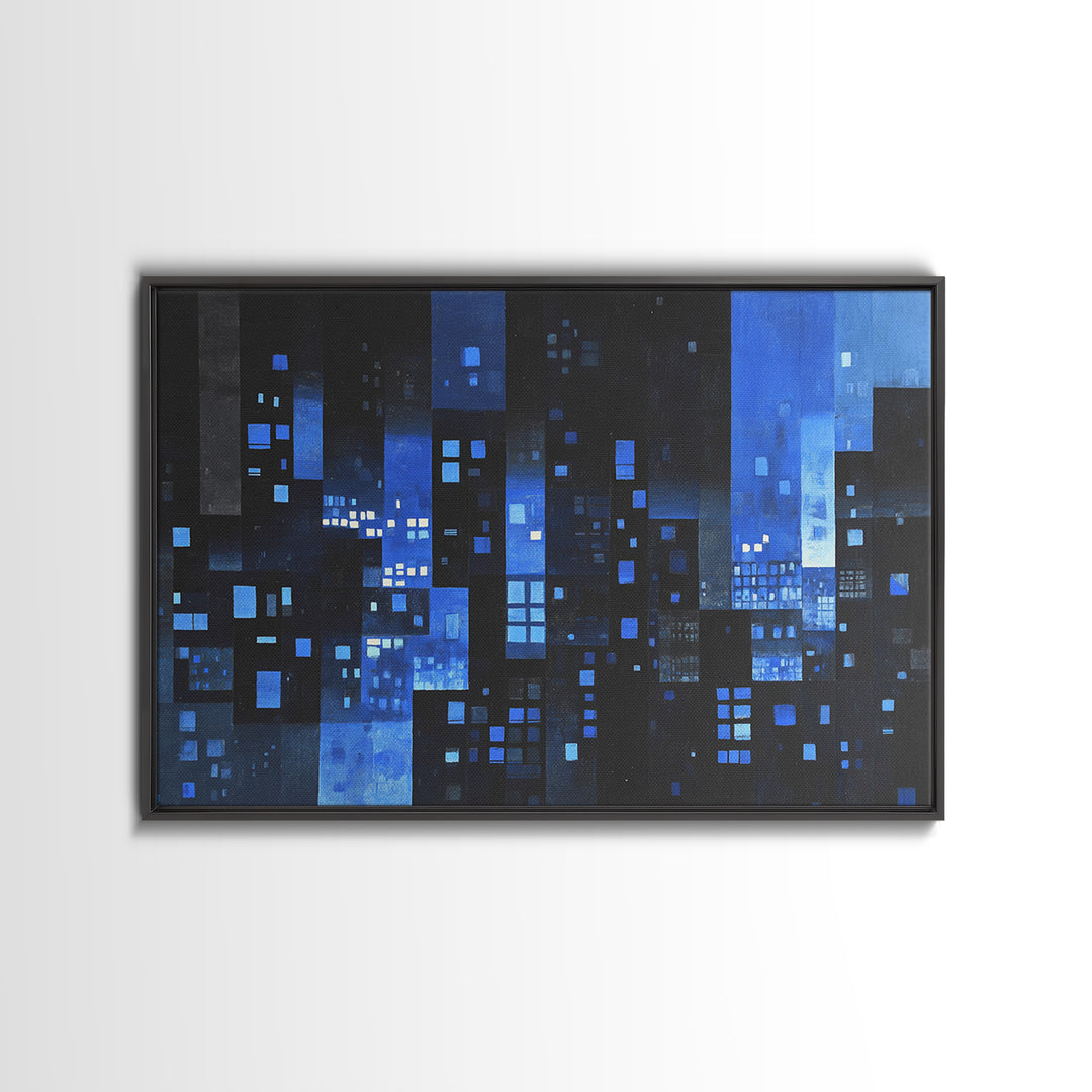 Moody Blue Abstract City Wall Art, Geometric Skyline Canvas Print, Modern Wall Decor, Office Decor, Living Room Art, Blue Art