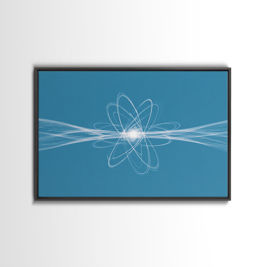 White Atom Energy Lines Canvas Print, Blue Scientific Abstract Art, Modern Wall Decor, Office Decor, Minimalist Art Print