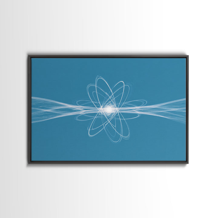 White Atom Energy Lines Canvas Print, Blue Scientific Abstract Art, Modern Wall Decor, Office Decor, Minimalist Art Print