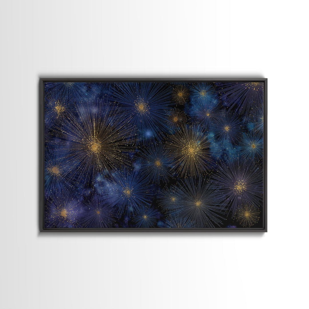 Blue Gold Cosmic Starburst Fireworks Canvas Print, Modern Abstract Art, Space Wall Art, Dark Navy Office Decor, Giclee Print
