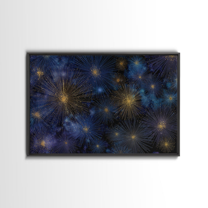 Blue Gold Cosmic Starburst Fireworks Canvas Print, Modern Abstract Art, Space Wall Art, Dark Navy Office Decor, Giclee Print