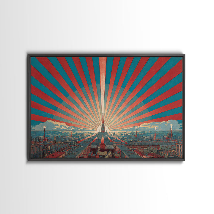 Retro City Skyline Sunburst Wall Art, Art Deco Poster, Midcentury Modern Wall Decor, Teal Red Architectural Print, Living Room Decor
