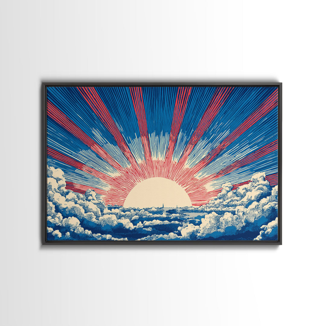 Radiant Sun Above Cloud Sea Canvas Print, Midcentury Modern Art, Retro Sun Poster, Blue Red Rays For Bedroom Wall Decor Prints