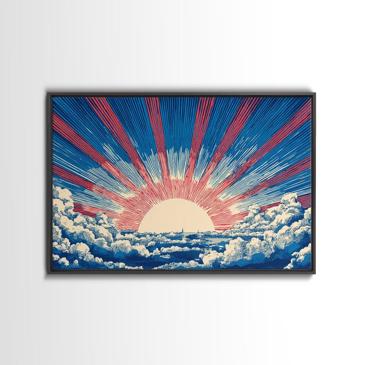 Radiant Sun Above Cloud Sea Canvas Print, Midcentury Modern Art, Retro Sun Poster, Blue Red Rays For Bedroom Wall Decor Prints