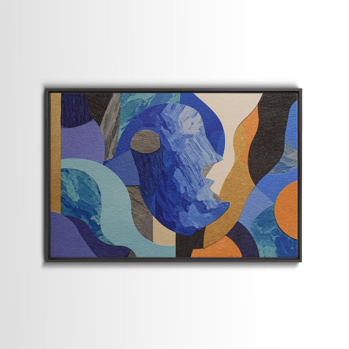 Cubist Blue Profile Face Abstract Wall Art, Modern Contemporary Collage Print, Geometric MCM Artwork For Bedroom Decor Gift