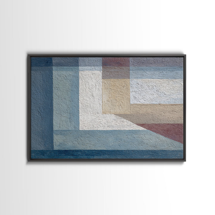 Muted Blue Beige Geometric Blocks Framed Canvas Print, Minimalist Modern Abstract Art, Neutral Wall Decor For Living Room