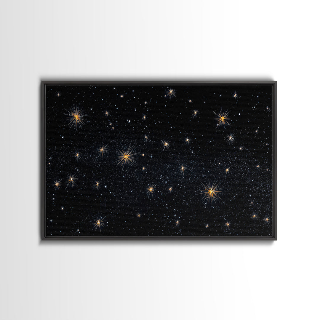 Black Night Sky With Golden Starbursts Wall Art, Cosmic Retro Art Print, Space Abstract Art, Modern Wall Decor, Bedroom Art Prints