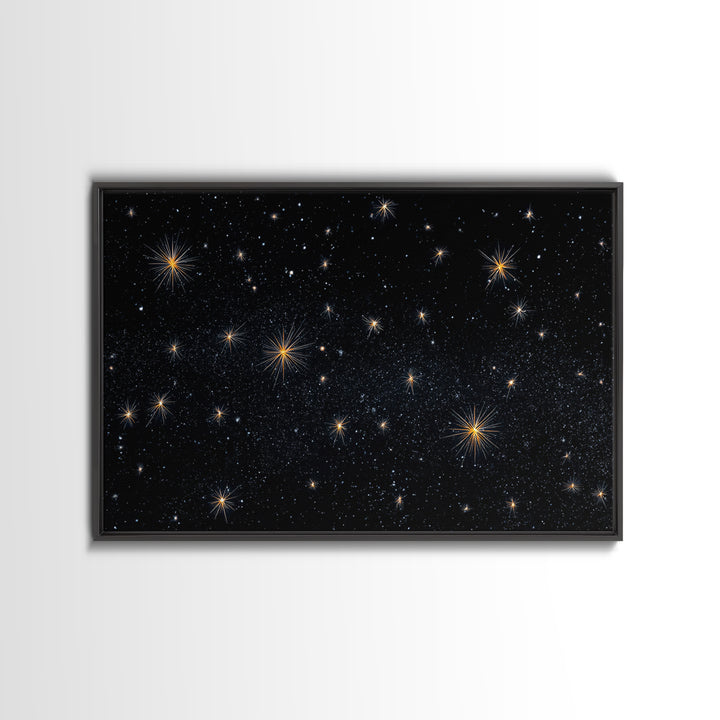Black Night Sky With Golden Starbursts Wall Art, Cosmic Retro Art Print, Space Abstract Art, Modern Wall Decor, Bedroom Art Prints