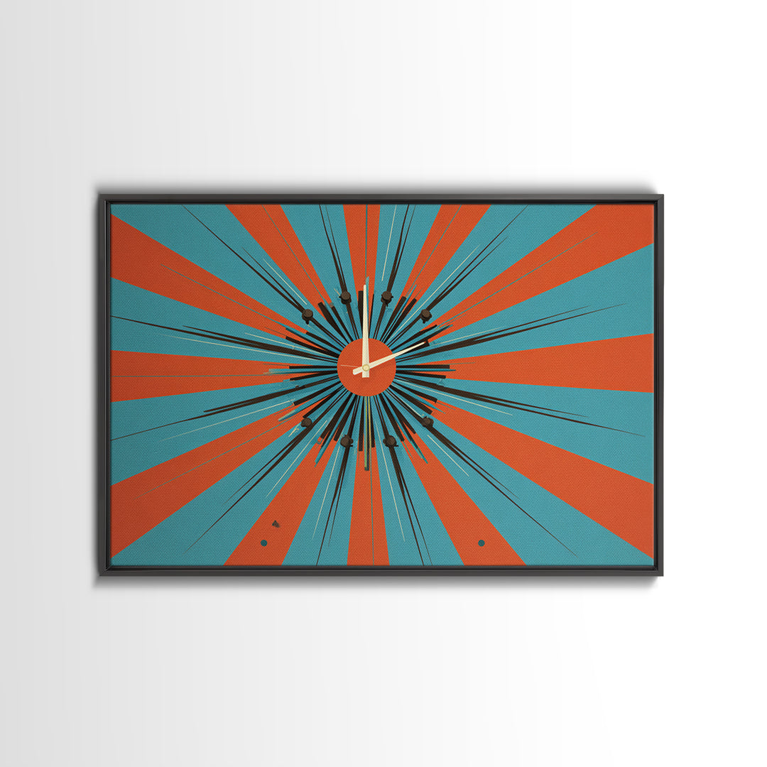 Orange Teal Atomic Starburst Framed Canvas Print, Midcentury Modern Wall Art, Retro Geometric Poster, MCM Decor, Living Room Art