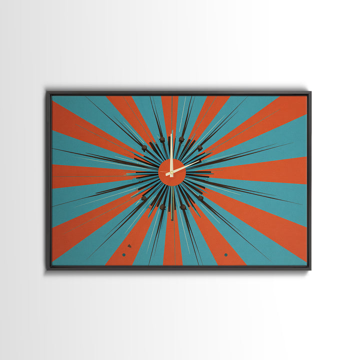 Orange Teal Atomic Starburst Framed Canvas Print, Midcentury Modern Wall Art, Retro Geometric Poster, MCM Decor, Living Room Art
