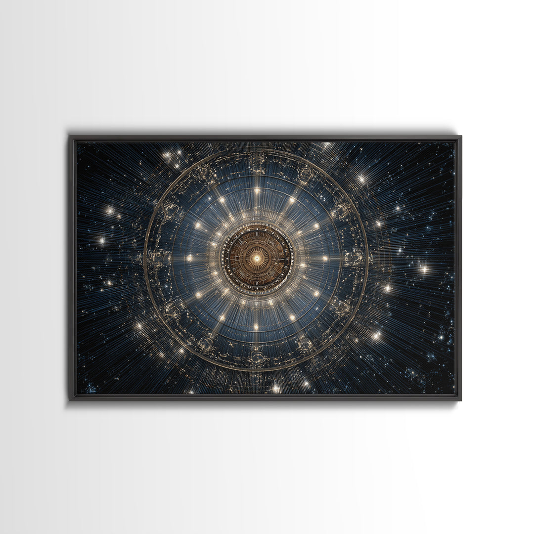 Golden Celestial Mechanical Mandala Wall Art, Cosmic Geometric Art Print, Modern Abstract Space Decor, Statement Poster Gift