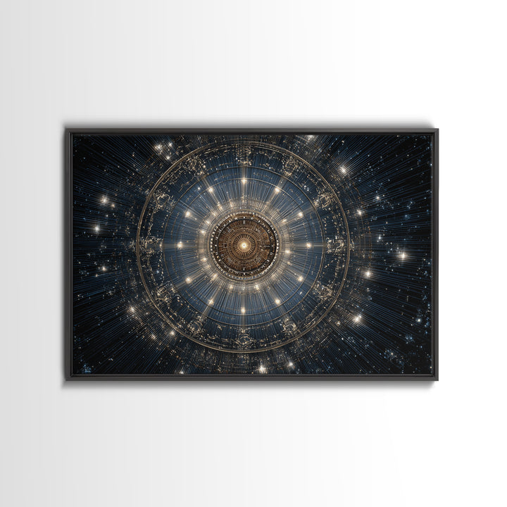 Golden Celestial Mechanical Mandala Wall Art, Cosmic Geometric Art Print, Modern Abstract Space Decor, Statement Poster Gift