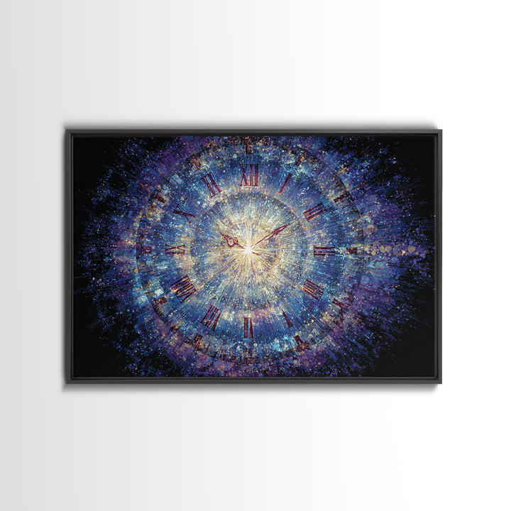 Exploding Cosmic Clock With Roman Numerals Canvas Print, Blue Space Abstract Art, Modern Wall Art, Celestial Time Decor Poster