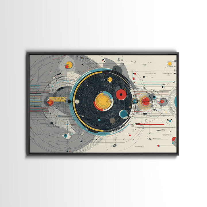 Retro Futuristic Orbital Circles Framed Canvas Print, Midcentury Modern Abstract Art, Geometric Wall Art, MCM Decor, Living Room Art