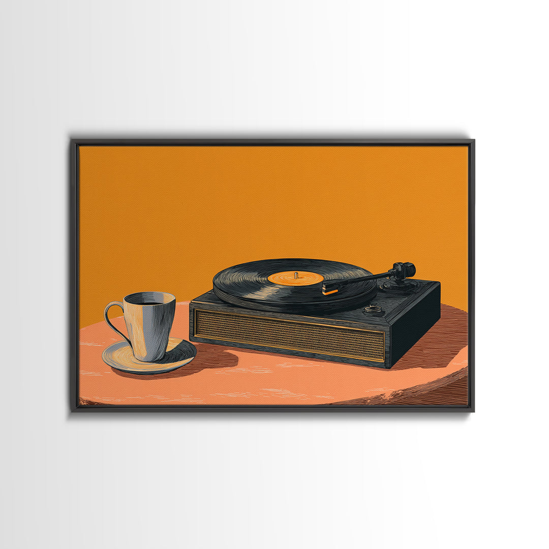 Retro Record Player With Coffee Canvas Print, Midcentury Modern Music Poster, Vinyl Turntable Wall Art, Orange Home Decor