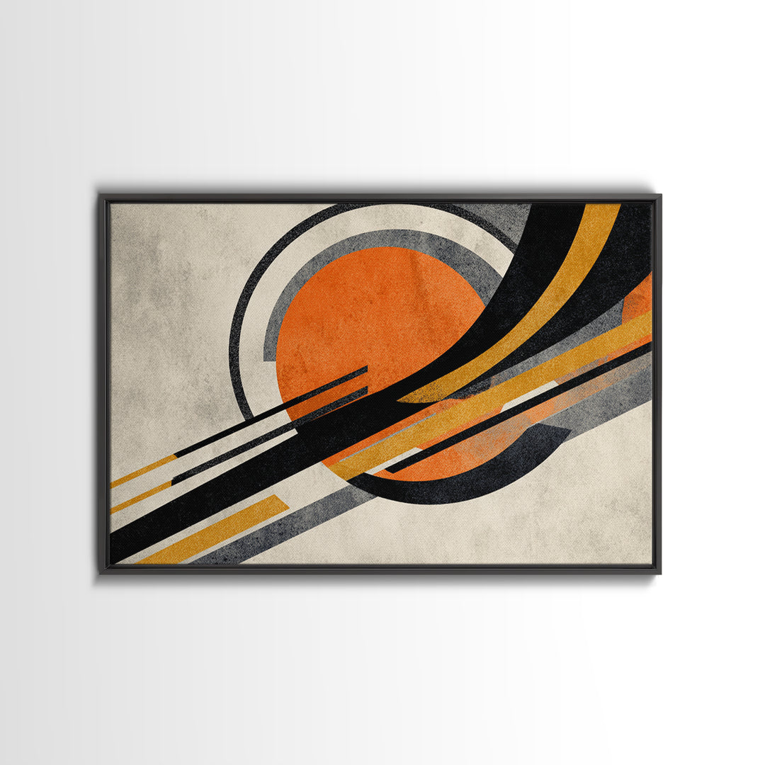 Orange Sun And Sweeping Black Arcs Wall Art, Midcentury Modern Abstract Geometric Print, Atomic Retro MCM Living Room Decor