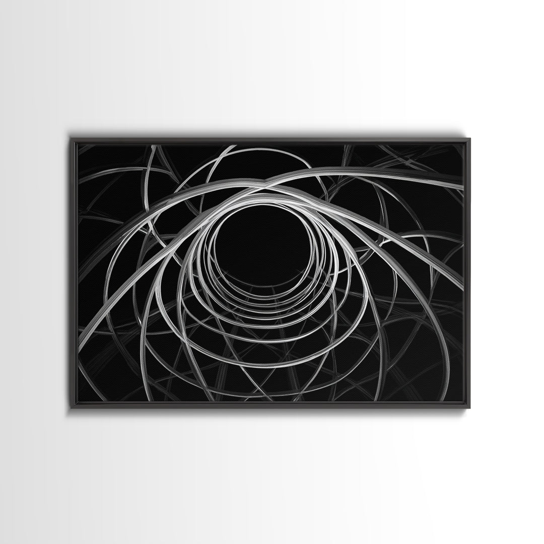 Black And White Orbital Vortex Wall Art, Modern Abstract Line Print, Monochrome Geometric Op Art For Statement Office Decor