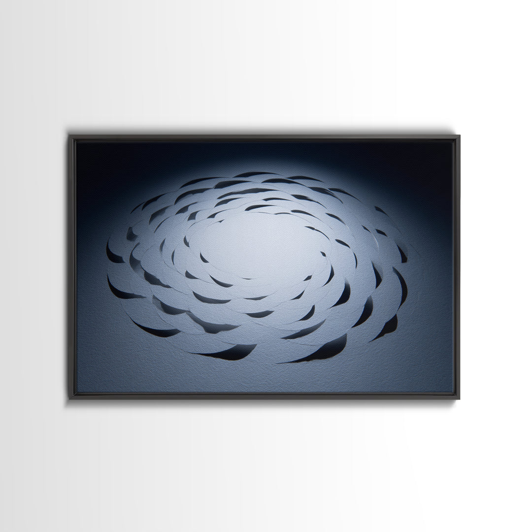 White Paper Cut Spiral Flower Canvas Print, Minimalist Modern Abstract Wall Decor, Blue Black Sculptural Textile Statement Art