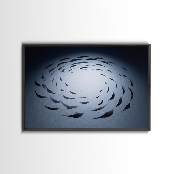 White Paper Cut Spiral Flower Canvas Print, Minimalist Modern Abstract Wall Decor, Blue Black Sculptural Textile Statement Art