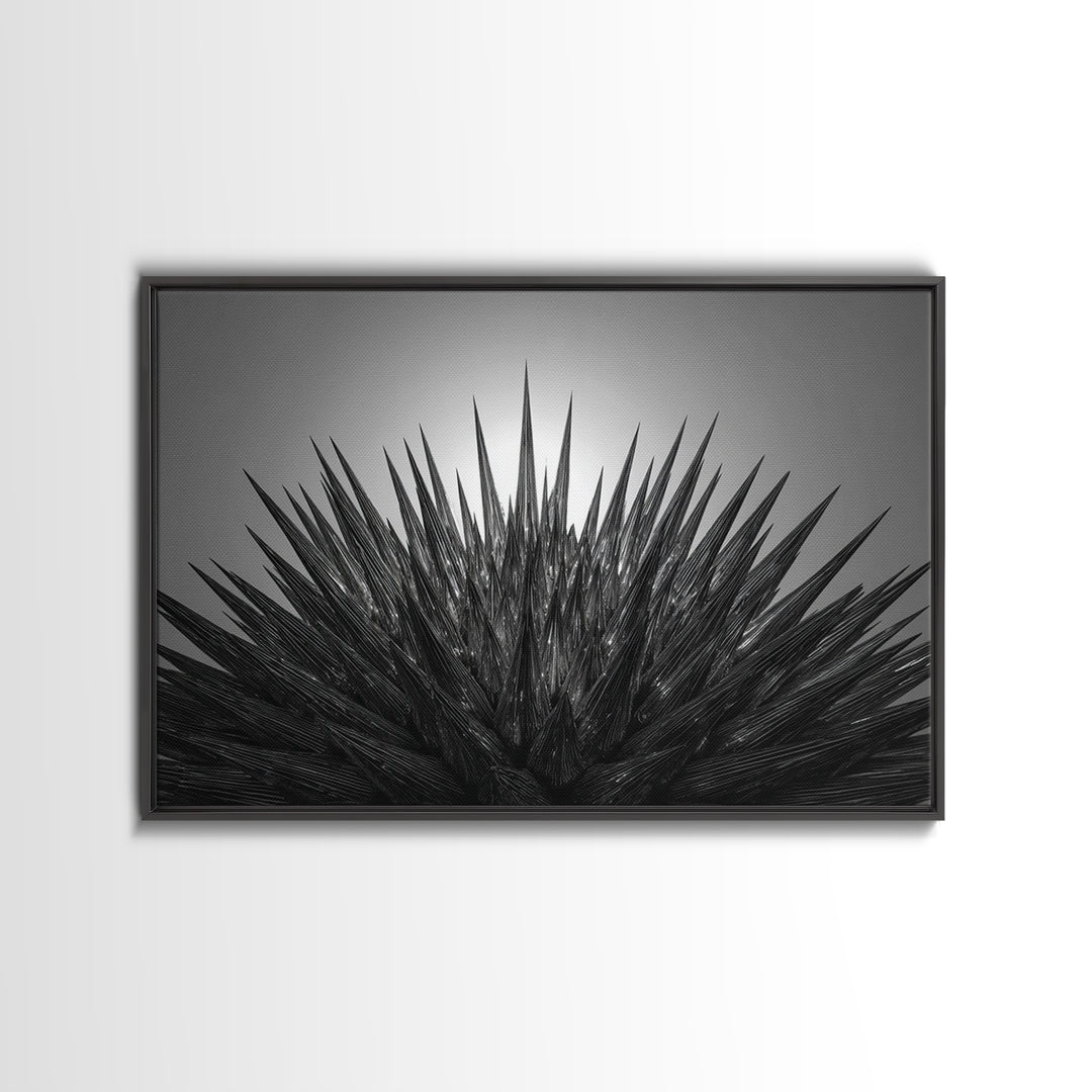 Black Spiky Radial Feather Abstract Wall Art, Monochrome Modern Nature Print, Dramatic Geometric Statement Office Decor