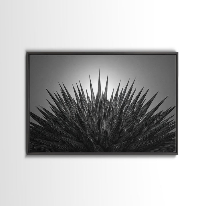 Black Spiky Radial Feather Abstract Wall Art, Monochrome Modern Nature Print, Dramatic Geometric Statement Office Decor