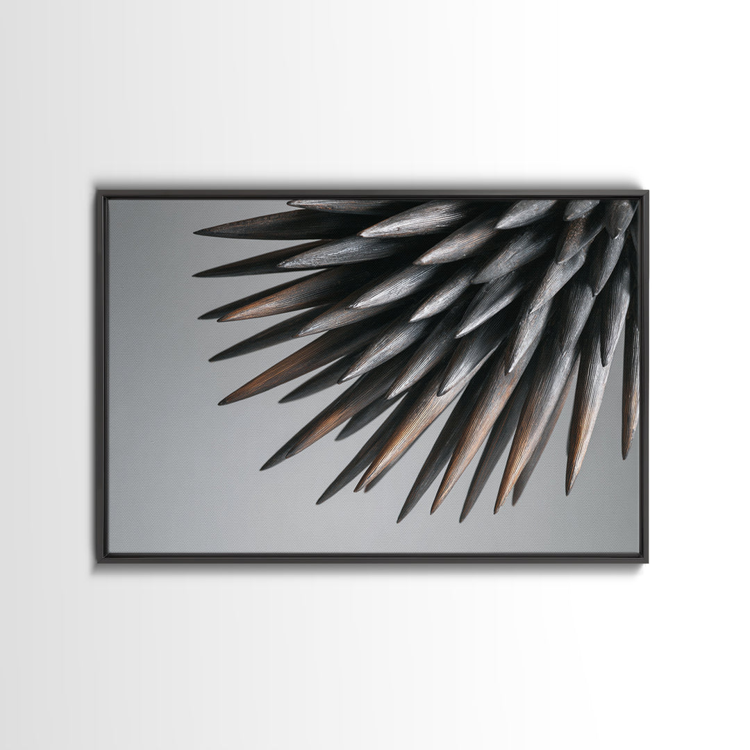 Metallic Black Spines Close Up Canvas Print, Modern Abstract Nature Office Wall Decor, Minimalist Monochrome Statement Art