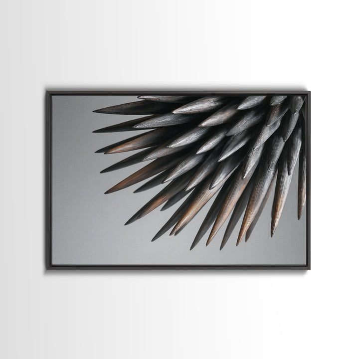 Metallic Black Spines Close Up Canvas Print, Modern Abstract Nature Office Wall Decor, Minimalist Monochrome Statement Art
