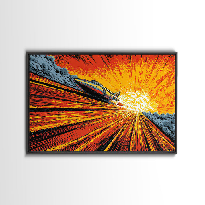 Retro Rocket Speeding Into Solar Burst Wall Art, Sci Fi Space Poster, Atomic Mid Century Modern Decor, Orange Comic Print
