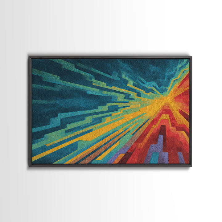 Neon Geometric Speed Lines In Teal Orange, Canvas Print, Abstract Wall Art, Modern Digital Art Poster For Gaming Room Decor