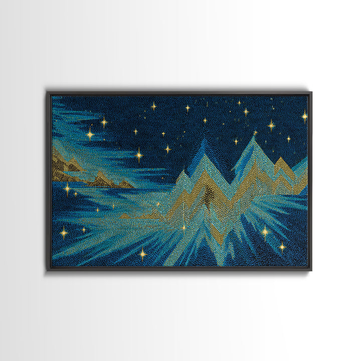 Starry Turquoise Mountains With Golden Peaks, Framed Canvas Print, Cosmic Retro Wall Art, Modern Abstract Decor For Living Room